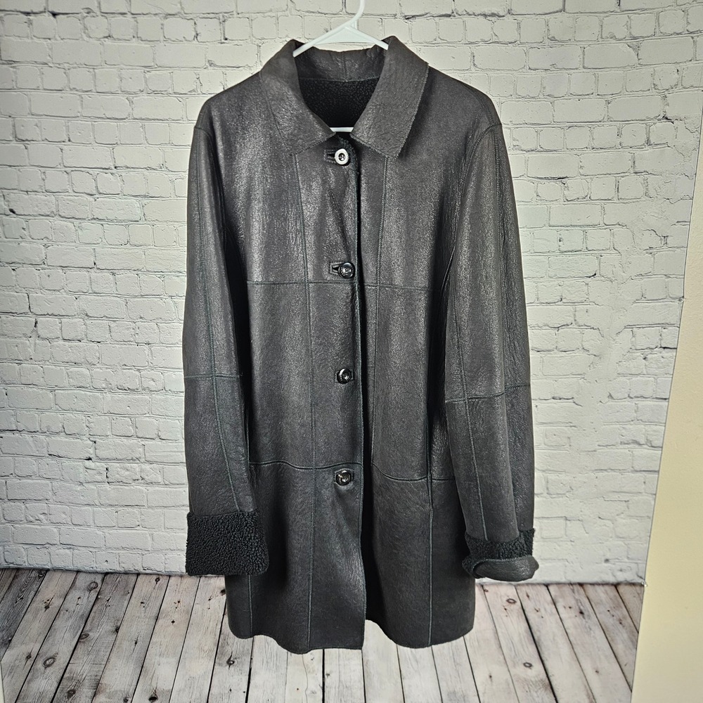 Black Genuine Leather Shearling Coat Button Front Mid Length Jacket Size 38